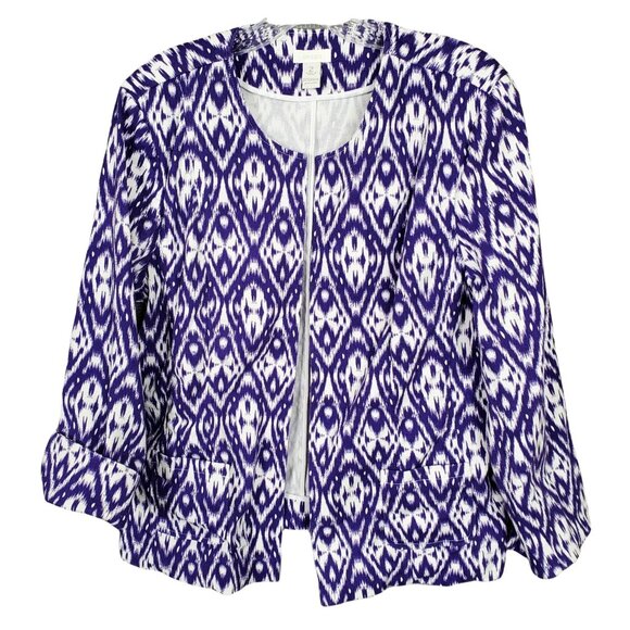 Chico's 2 Size L Jacket Open Collarless Blazer Pockets Cuff Sleeves Ikat Purple - Picture 2 of 7